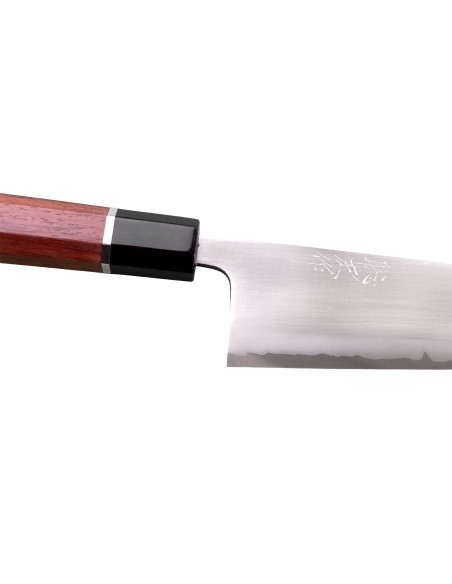Cuchillo santoku japonés artesanal de 16,5 cm de Toshihiro Wakui, Shirogami 2 San Mai pulido