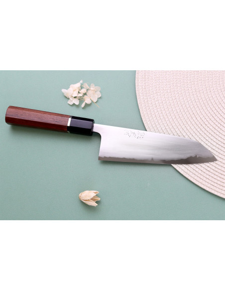 16.5 cm Handcrafted Japanese Santoku Knife by Toshihiro Wakui, Shirogami 2 San Mai, Polished