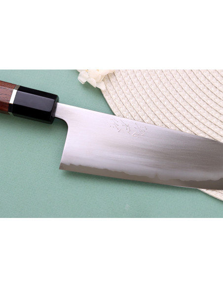 Håndlaget japansk santoku-kniv, 16,5 cm, Toshihiro Wakui, Shirogami 2, San Mai, polert