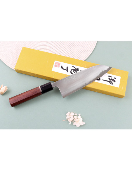 Faca santoku japonesa artesanal de 16,5 cm, da autoria de Toshihiro Wakui, em aço Shirogami 2 San Mai polido