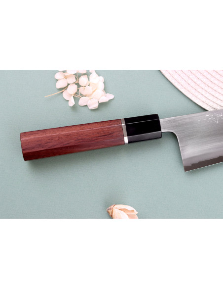 Håndlavet japansk santoku-kniv, 16,5 cm, Toshihiro Wakui, Shirogami 2 San Mai, poleret