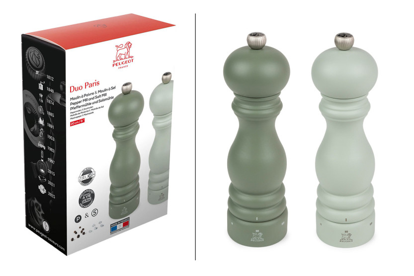 Geschenkset mit 2 Peugeot Paris U'Select-Mühlen aus Holz, 20 cm – Farn-Grün und Salbei-Grün
