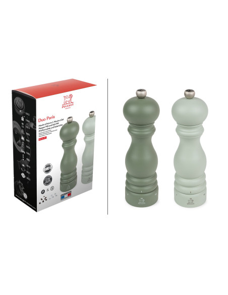 Geschenkdoos met 2 houten Peugeot Paris U'Select-molen van 20 cm – varengroen en saliegroen