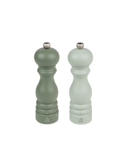 Geschenkdoos met 2 houten Peugeot Paris U'Select-molen van 20 cm – varengroen en saliegroen