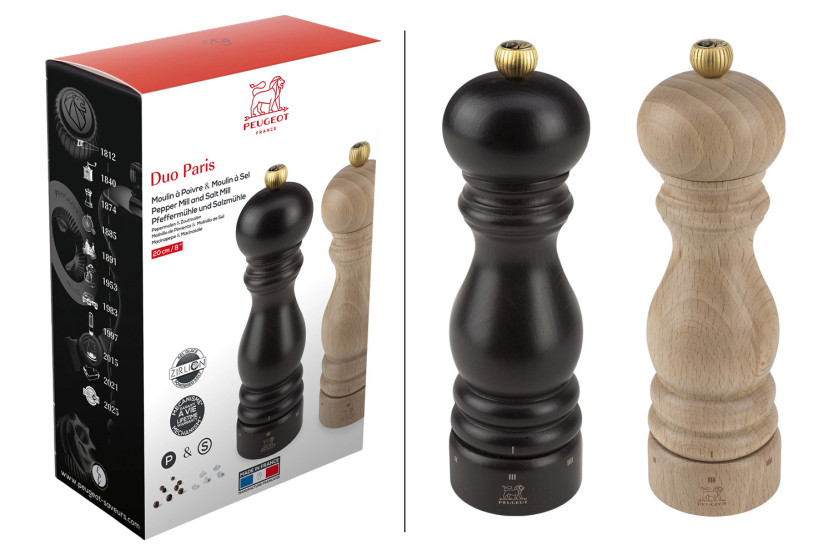 Gavesett med 2 Peugeot Paris U'Select-kvern i tre, 20 cm – sjokolade og naturfarge