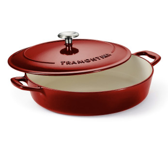 Rode, lage braadpan van 30 cm. Geëmailleerd gietijzer.