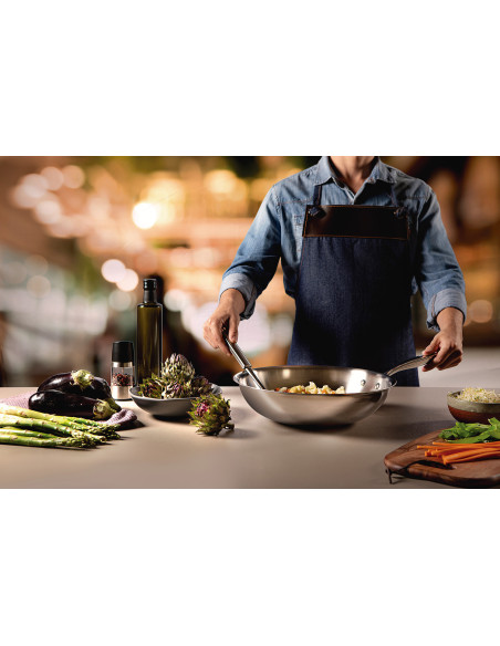 Wok Tramontina Grano de 28 cm, de acero inoxidable de triple capa, 3,4 l