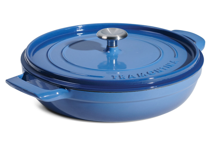 Flacher Schmortopf 30 cm von Tramontina, blau emailliertes Gusseisen, 3,8 l