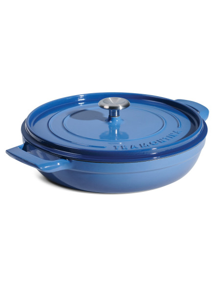 Panela baixa de 30 cm da Tramontina, em ferro fundido esmaltado azul, 3,8 L