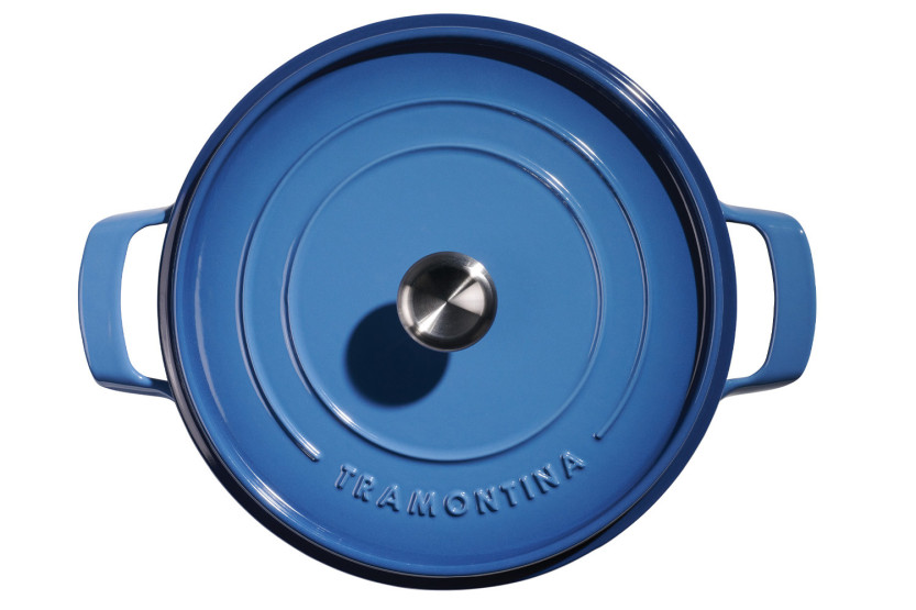 Panela baixa de 30 cm da Tramontina, em ferro fundido esmaltado azul, 3,8 L