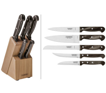 Set med 5 Tramontina Polywood-knivar tillverkade av Technobois och rostfritt stål