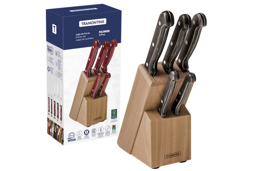 Sett med 5 Tramontina Polywood-kniver laget av Technobois og rustfritt stål