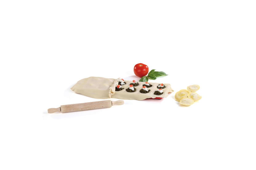 Runde Ravioli-Form 12 Vertiefungen Kitchen Artist + Mini-Nudelholz aus Holz