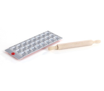 Kitchen Artist Molde cuadrado para raviolis de 24 cavidades + mini rodillo de madera