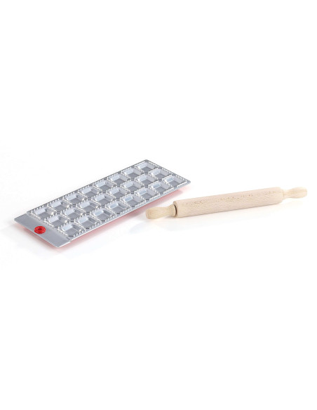 Molde para ravioli quadrado de 24 tomadas + mini rolo de madeira Kitchen Artist
