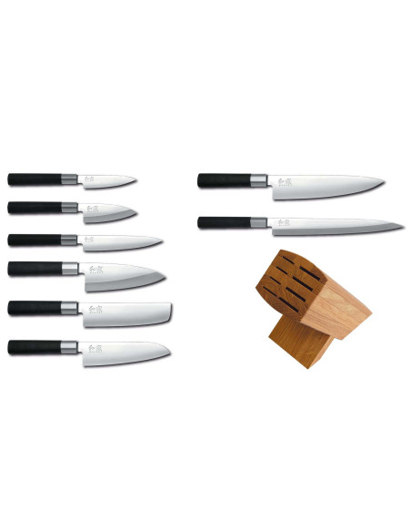 Blocco di quercia con 8 coltelli giapponesi Kai Wasabi Black