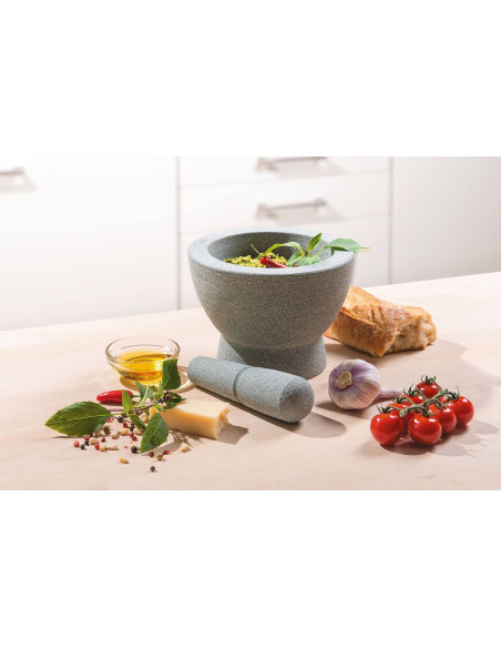 Design-Mörser Gefu Crunchy aus grauem Granit doppelseitig + Stößel