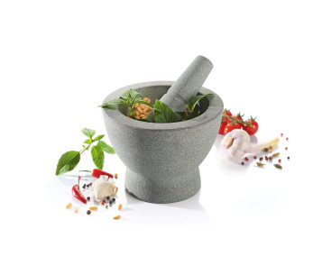 Gefu mortel + stöt med dubbelsidig design i Crunchy grå granit