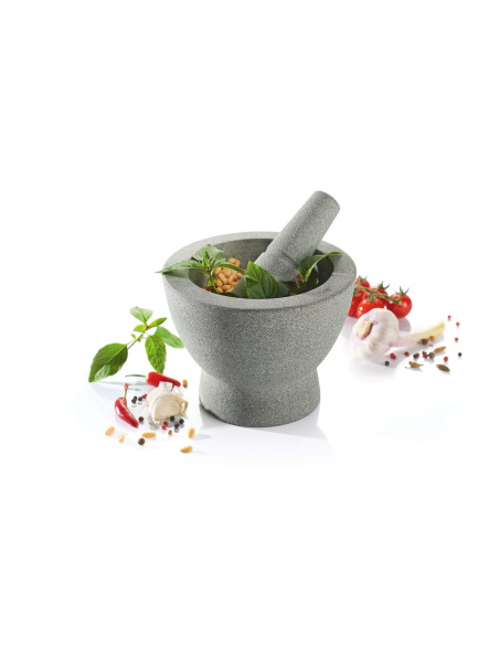 Gefu Crunchy grå granit morter + støder med dobbeltsidet design