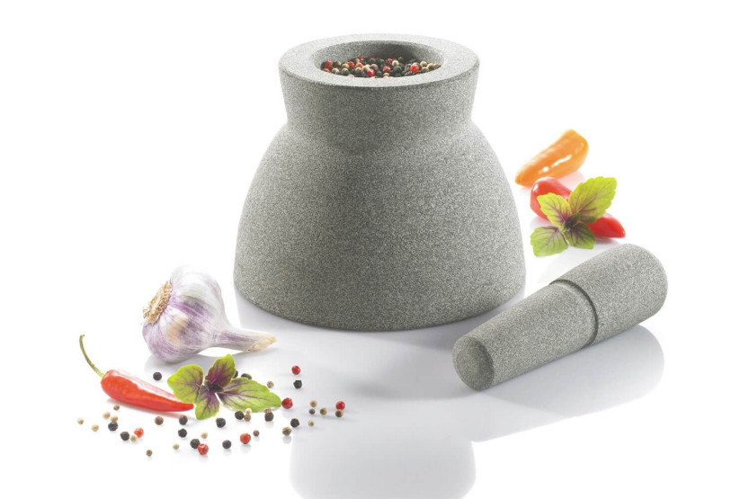 Gefu Crunchy morter + støter med dobbeltsidig design i grå granitt