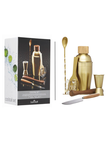 Set de coctelería BarCraft de 6 piezas de acero inoxidable con acabado dorado + libro de recetas