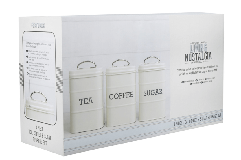 Set van 3 KitchenCraft Living Nostalgia thee/koffie/suikerblikken in crèmekleurig staal