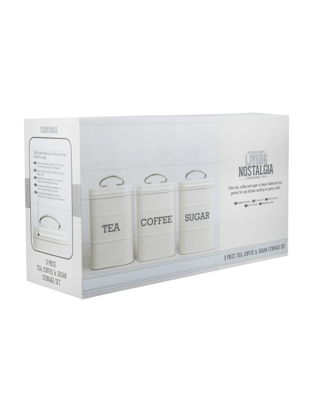 Set van 3 KitchenCraft Living Nostalgia thee/koffie/suikerblikken in crèmekleurig staal