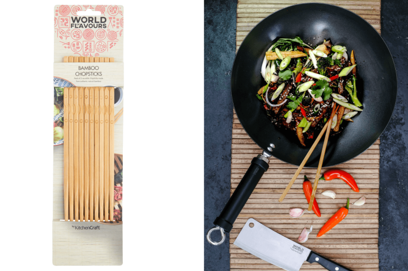 Sæt med 5 par KitchenCraft World of Flavours orientalske spisepinde i bambus 24 cm