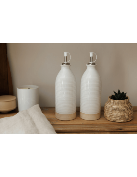Set of 2 KitchenCraft Idilica cream stoneware oil and vinegar bottles 450ml