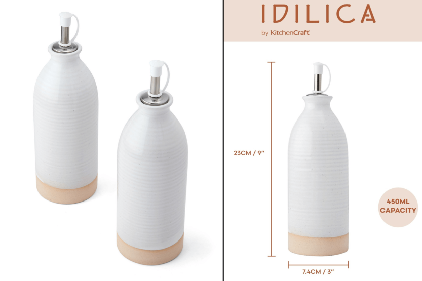 Set of 2 KitchenCraft Idilica cream stoneware oil and vinegar bottles 450ml