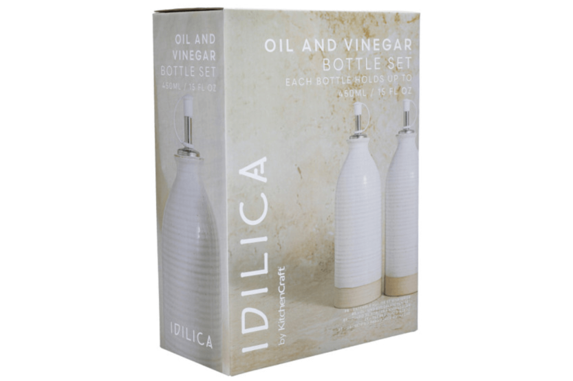 Sett med 2 KitchenCraft Idilica olje- og eddikflasker i kremfarget steintøy 450 ml