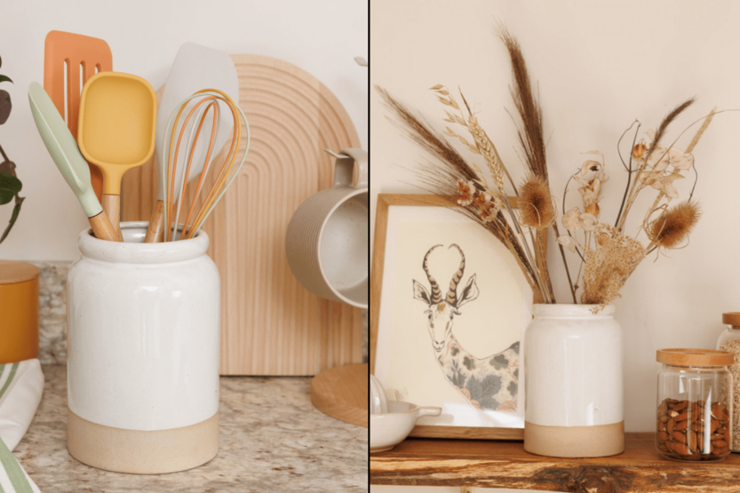 KitchenCraft Idilica portautensilios de gres color crema