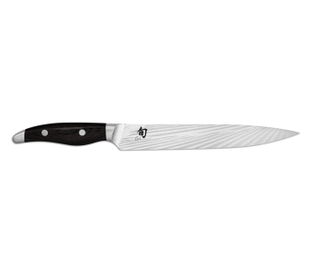 KAI Japanilainen viipalointiveitsi Shun Nagare Musta 72-kerroksinen damascusterä Dual Core 23cm kaareva kahva