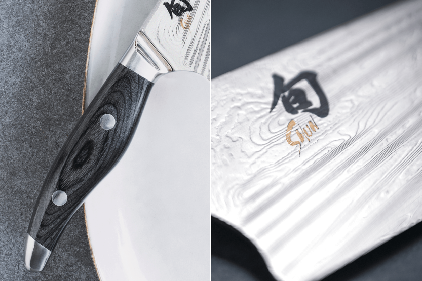 KAI Shun Nagare Lâmina de damasco preta Dual Core Cabo curvo de 15 cm Faca utilitária japonesa