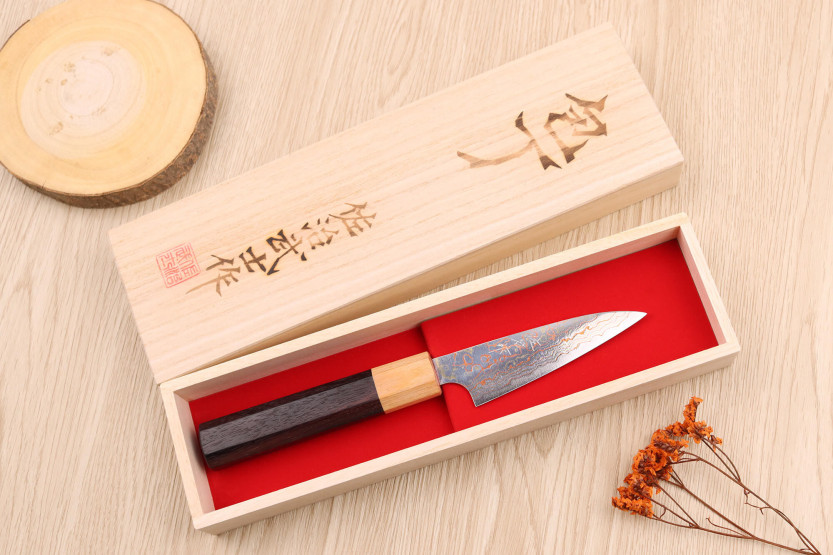 Faca de aparar tradicional japonesa Takeshi Saji VG10 rainbow 9cm