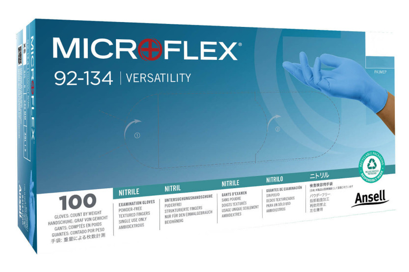 Caixa de 100 luvas de nitrilo sem pó de utilização única Ansell Microflex 92-134