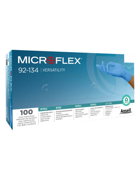 Låda med 100 Ansell Microflex 92-134 nitrilhandskar för engångsbruk, puderfria