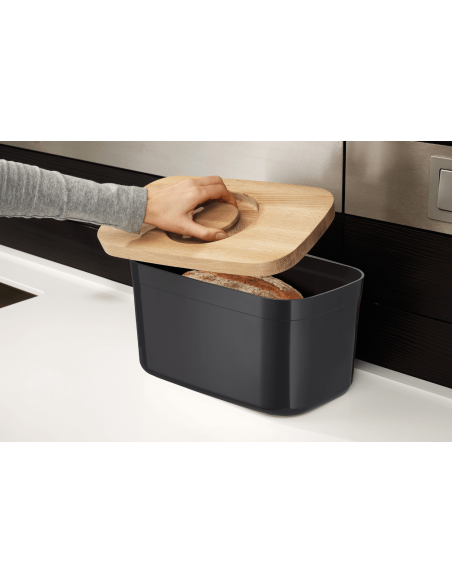 Joseph Joseph bread box in black polypropylene with bamboo lid
