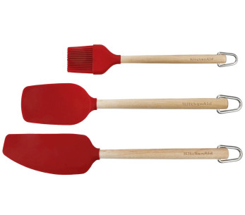Set di 3 Utensili da cucina Kitchen Kitchen Aid in legno di betulla e silicone rosso