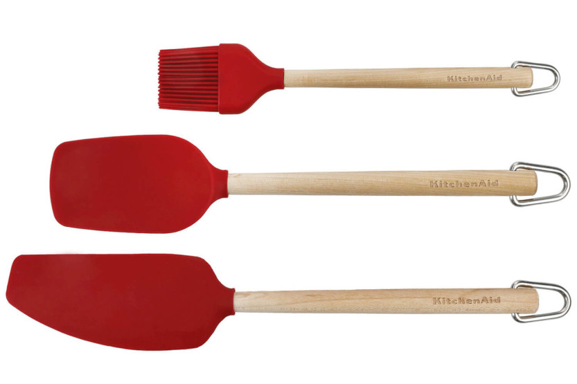 Sæt med 3 Kitchen Kitchen Aid-køkkenredskaber i birketræ og rød silikone