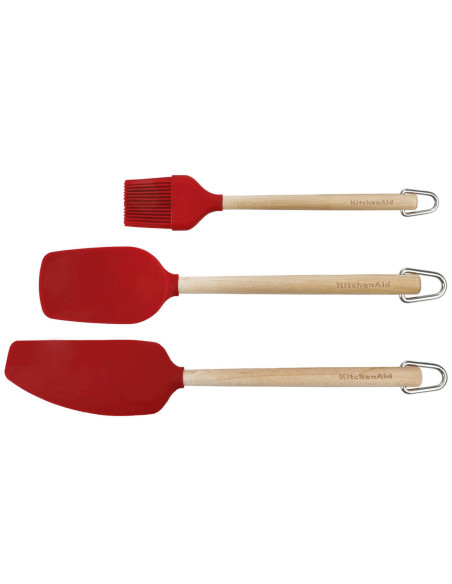 Sæt med 3 Kitchen Kitchen Aid-køkkenredskaber i birketræ og rød silikone
