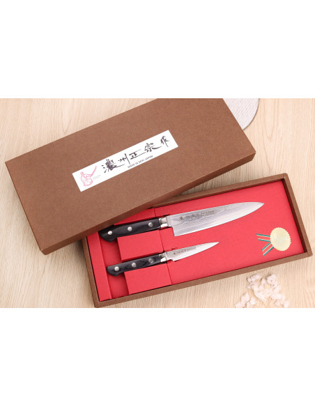 Æskesæt med 2 Satake damas japanske knive 69 lag Chef + Paring