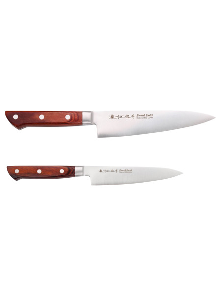 Bokssett med 2 Satake Brown Pakkawood japanske kniver Chef + Paring