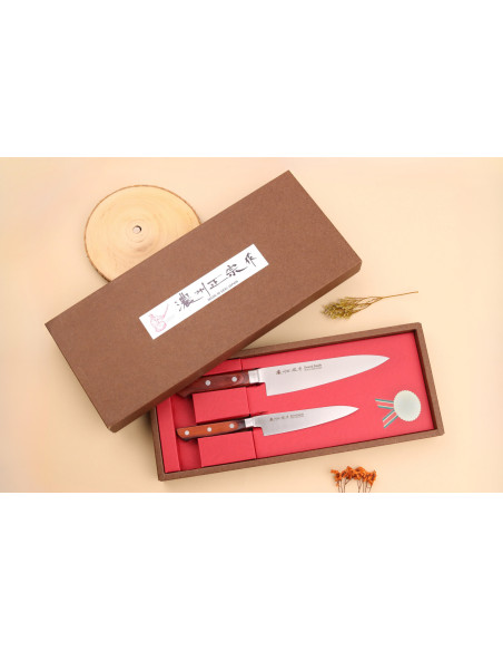 Set de cuchillos 2 cuchillos japoneses Satake Brown Pakkawood Chef + puntilla