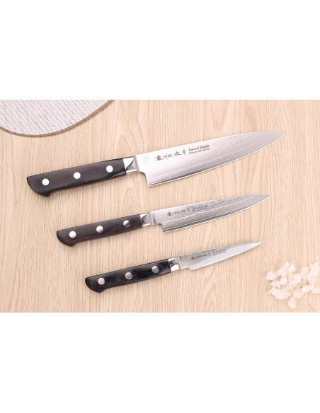 Set med 3 Satake damaskusknivar 69 lager Chef + Utility + Paring