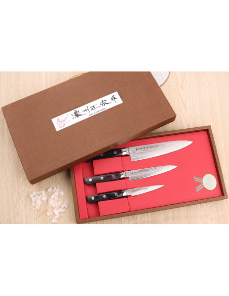 Set in scatola di 3 coltelli giapponesi Satake damasco 69 strati Chef + Universale + Spelucchino