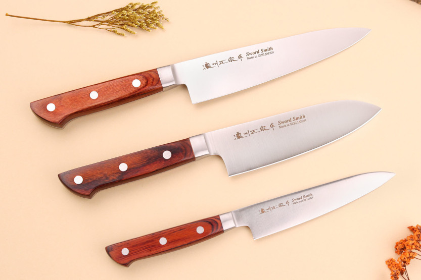 Satake Brown Pakkawood 3 japanese knives set chef + santoku + office