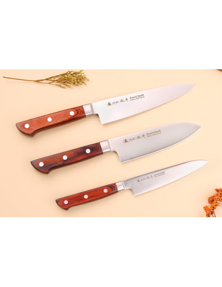 Set mit 3 japanischen Messern Satake Brown Pakkawood chef + santoku + office
