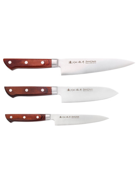 Satake Brown Pakkawood Juego de 3 cuchillos japoneses chef + santoku + office