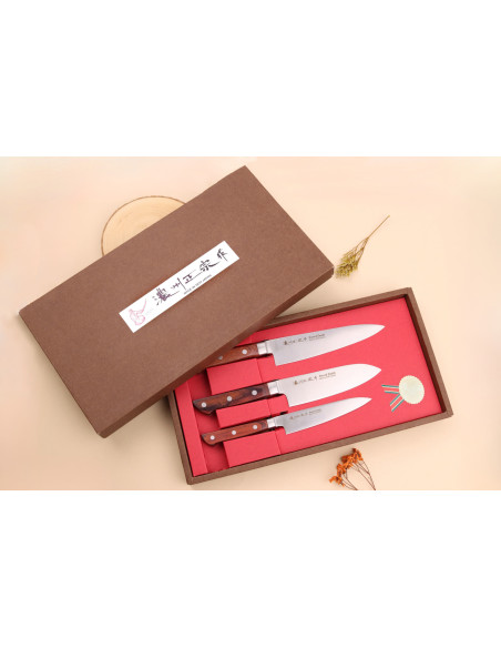 Set mit 3 japanischen Messern Satake Brown Pakkawood chef + santoku + office